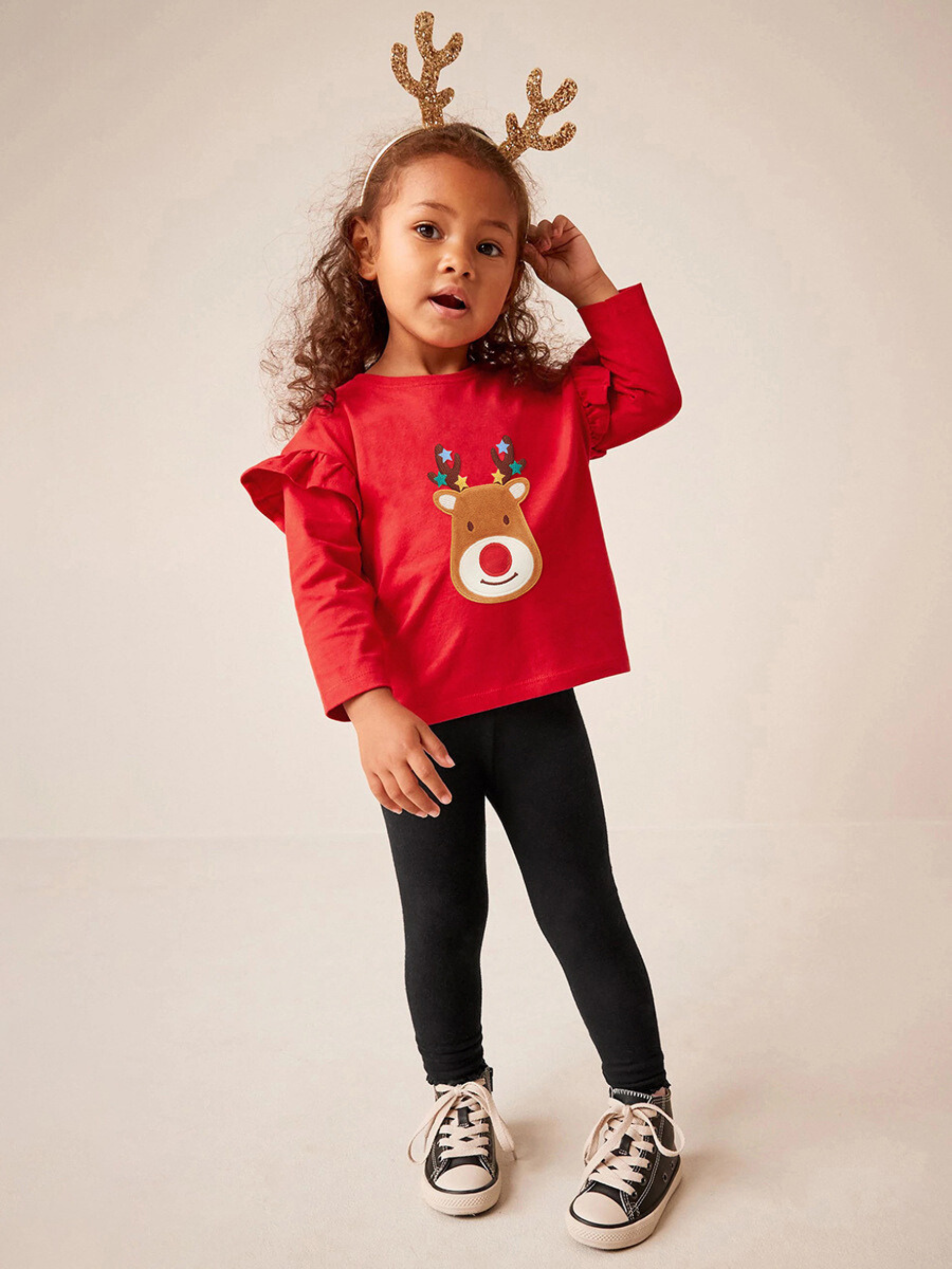 Girls Reindeer Top & Black Pants Set – 2-Piece Festive Outfit