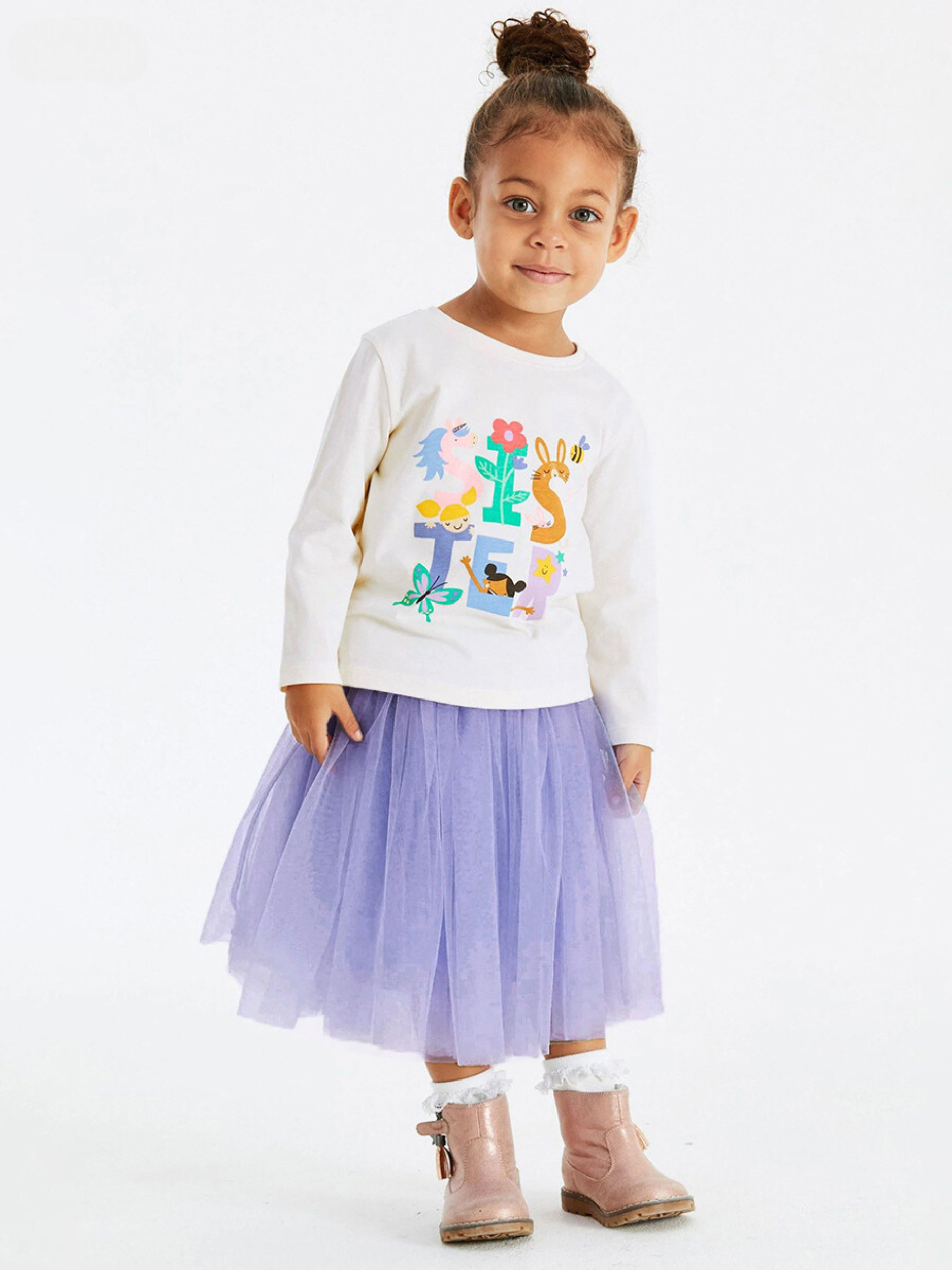 Whimsical Animals T-Shirt and Purple Tulle Skirt Set for Girls