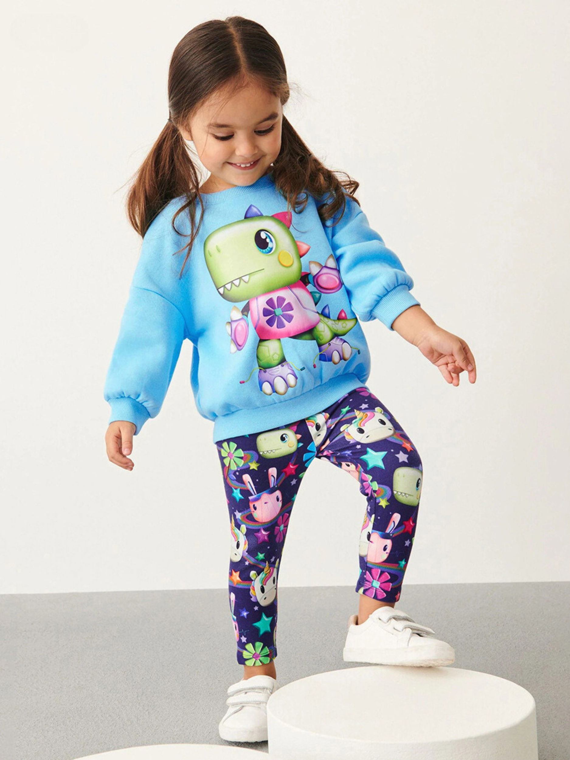 Space Bunny Blue Sweatshirt and Printed Leggings Set for Girls