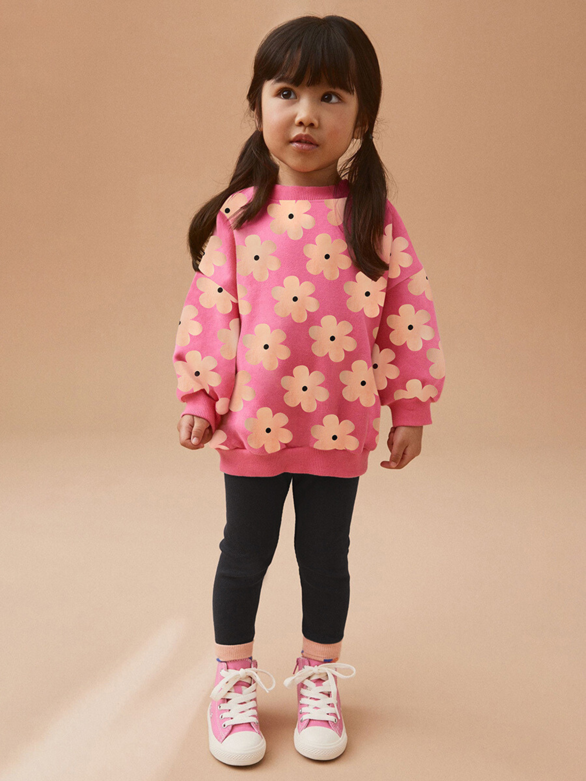 Pink Floral Sweatshirt and Black Pants Set for Girls