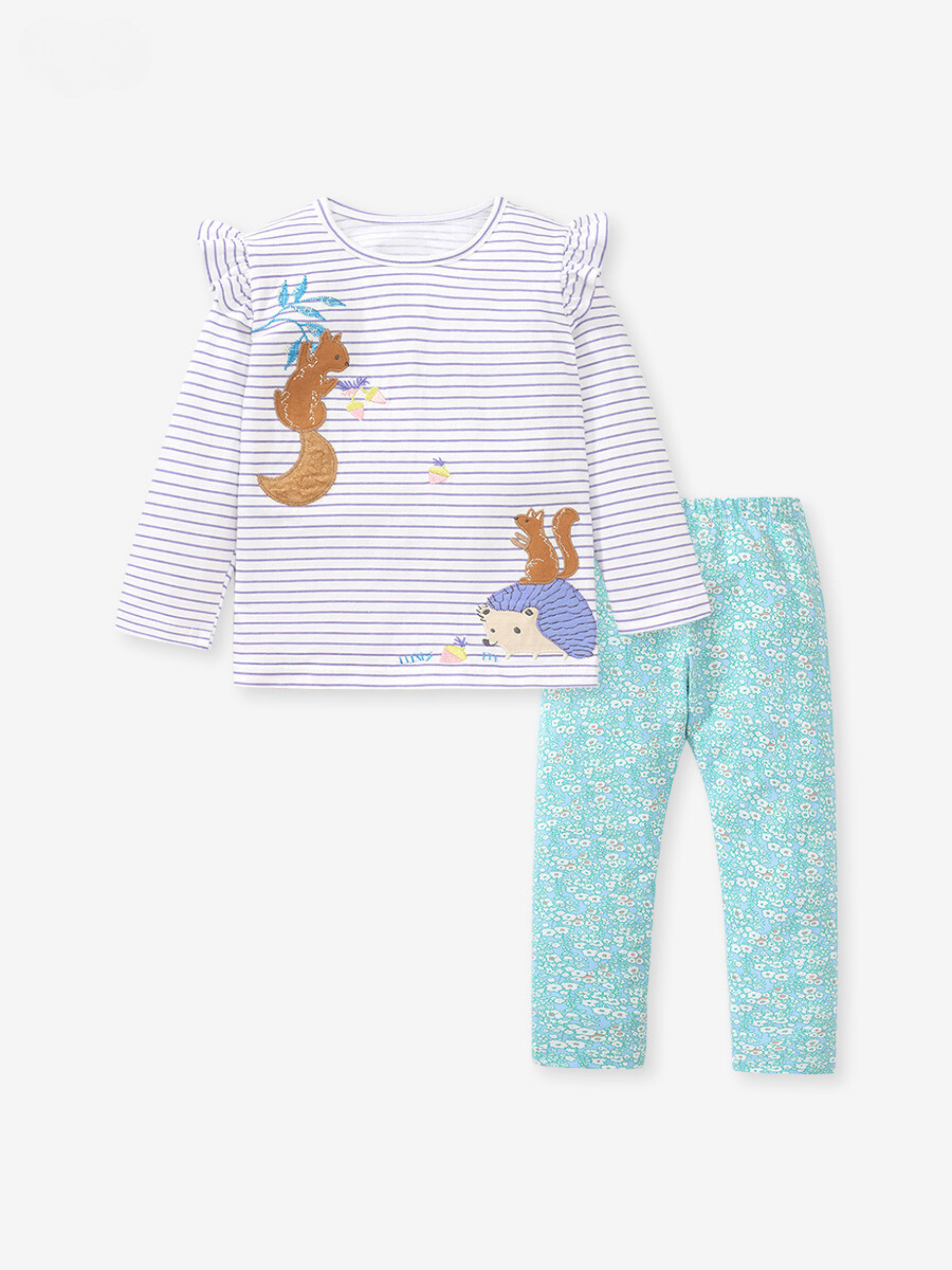 Striped Squirrel Print Top and Floral Leggings Set for Girls