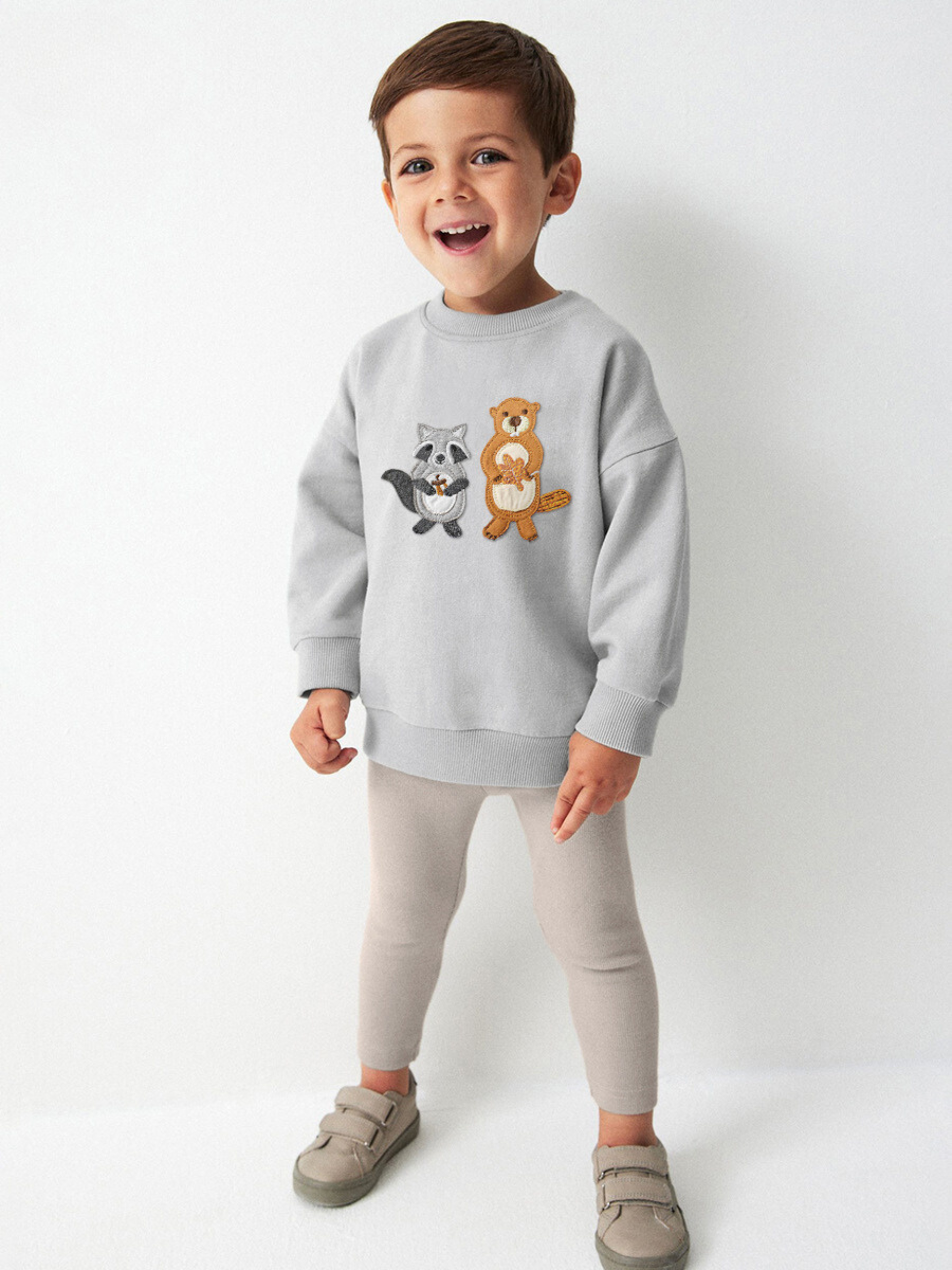 Raccoon & Beaver Embroidered Sweatshirt and Leggings Set for Kids