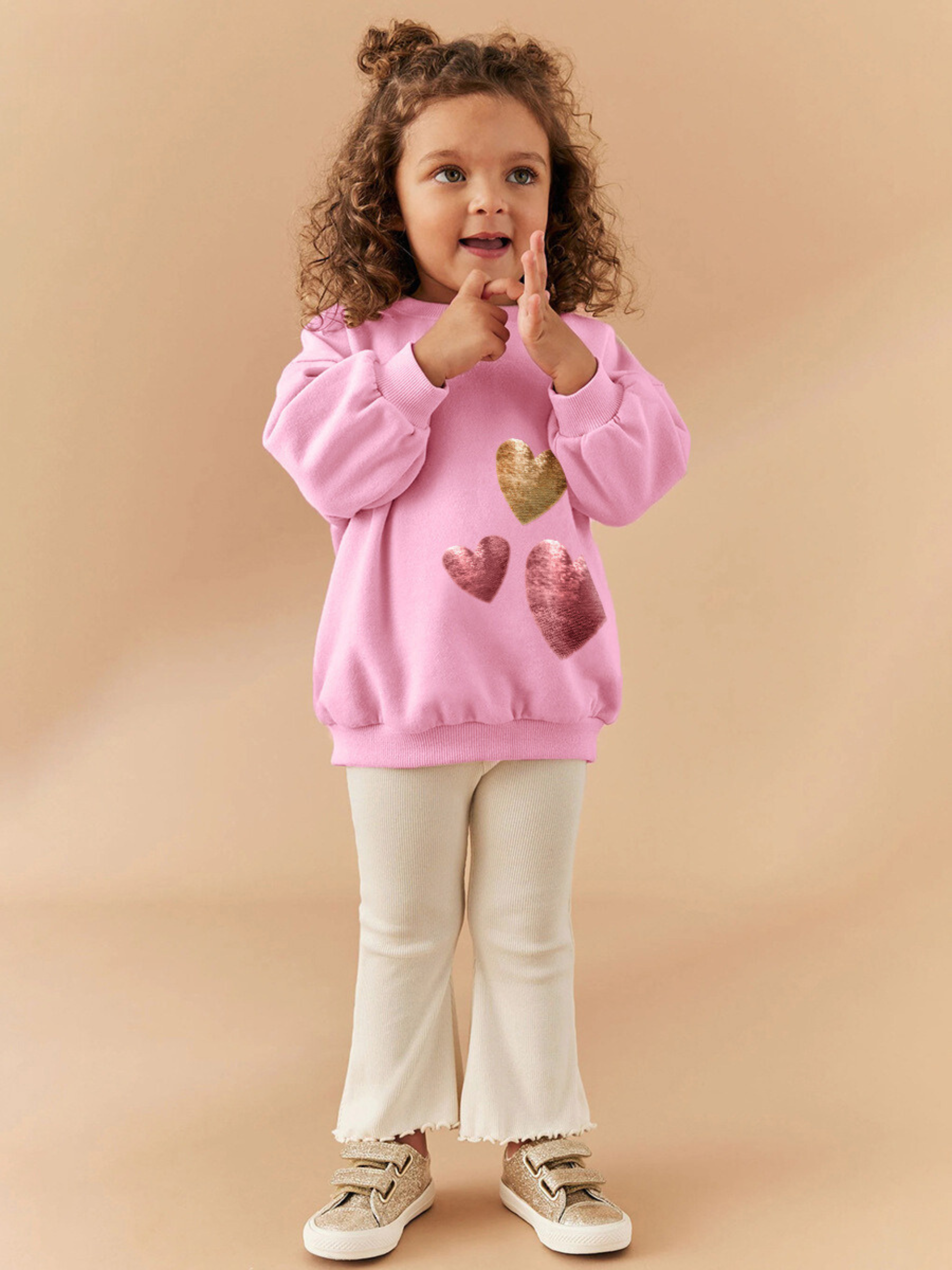 Girls Sequin Heart Sweatshirt & Flared Pants Set – Toddler 2-Piece Outfit