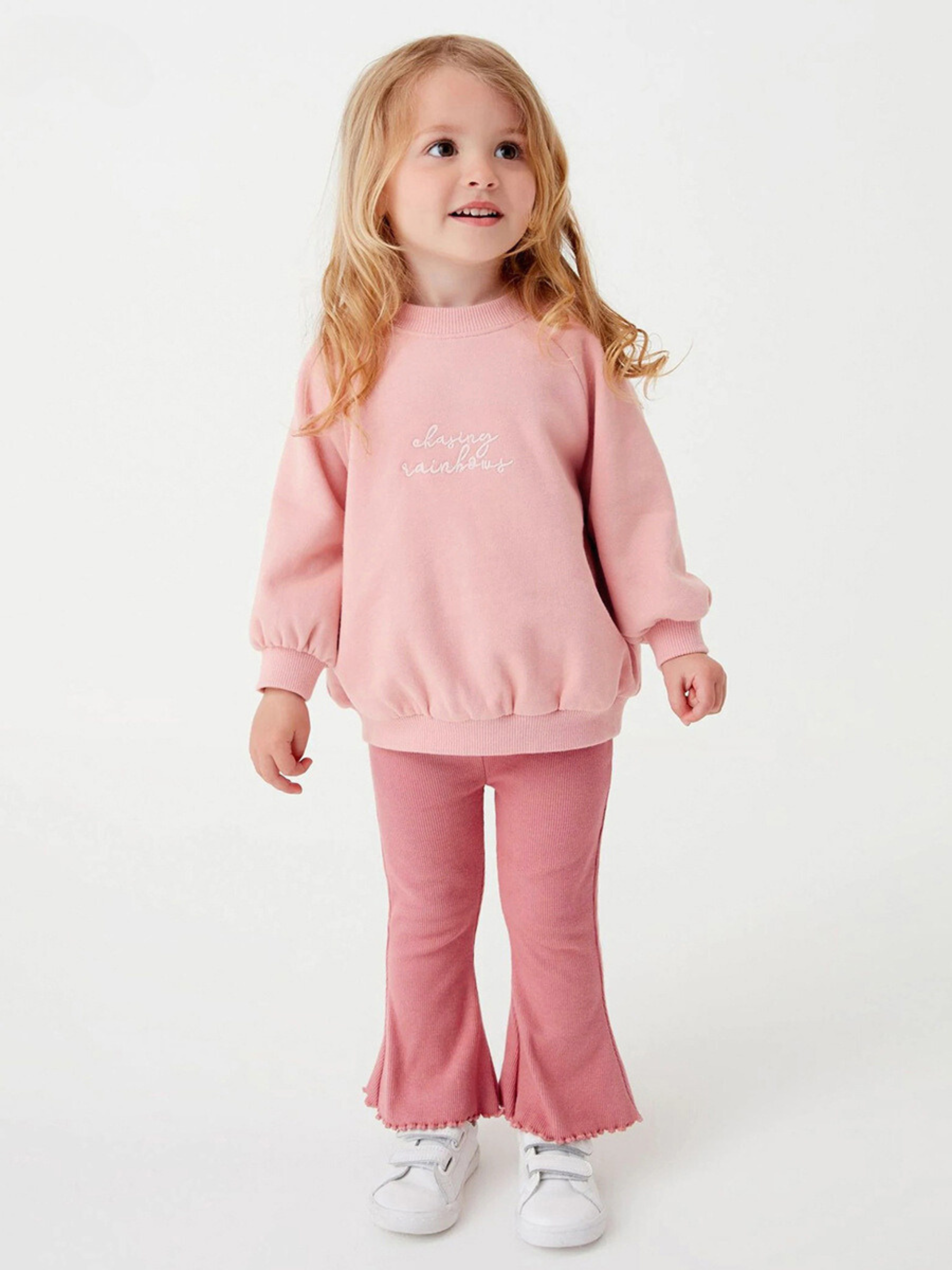 Girls Pink Sweatshirt & Flared Pants Set – Toddler 2-Piece Outfit