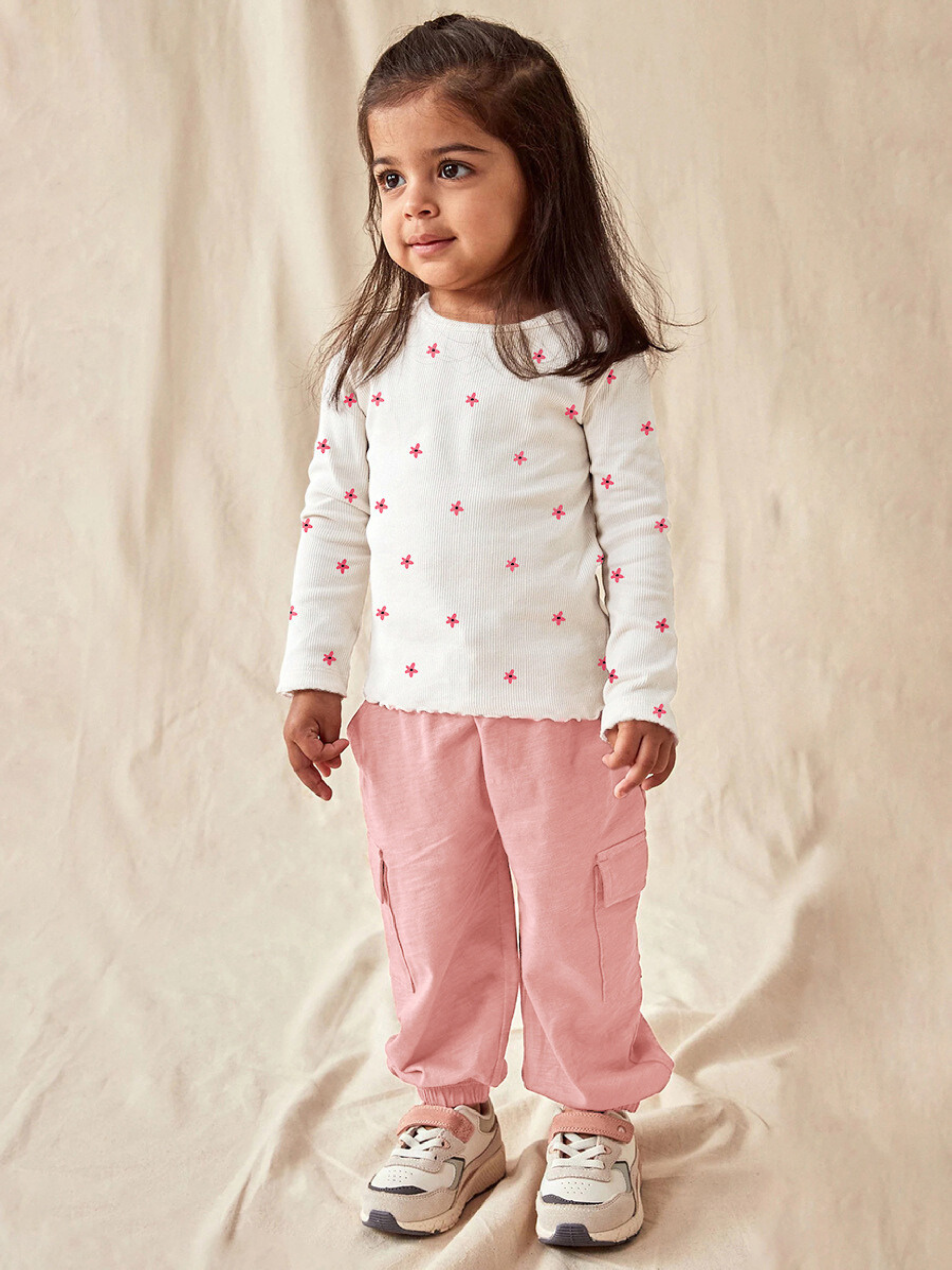 Girls Floral Print Long-Sleeve Top & Cargo Pants Set – Toddler 2-Piece Outfit